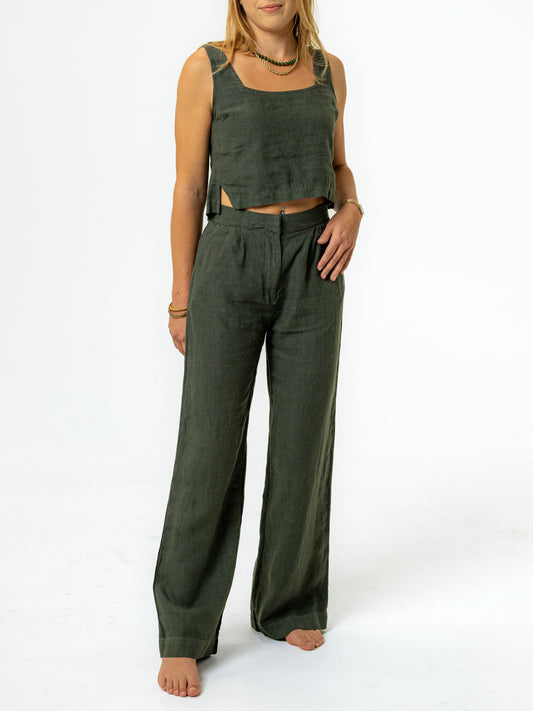 The Elle Linen Trouser Pant - Palm Green
