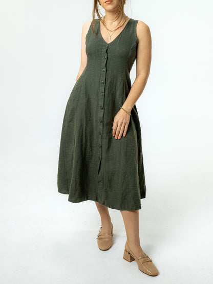 The Chelsea Linen Midi Dress - Palm Green