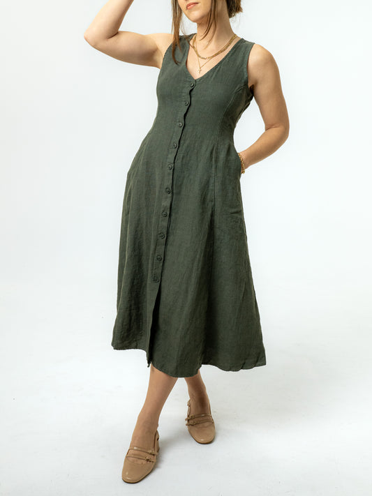 The Chelsea Linen Midi Dress - Palm Green